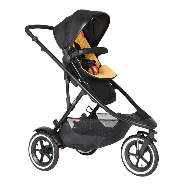 phil&teds sport verso inline buggy forward facing toddler mode with half extended sunhood in butterscotch brown 3/4 view_butterscotch