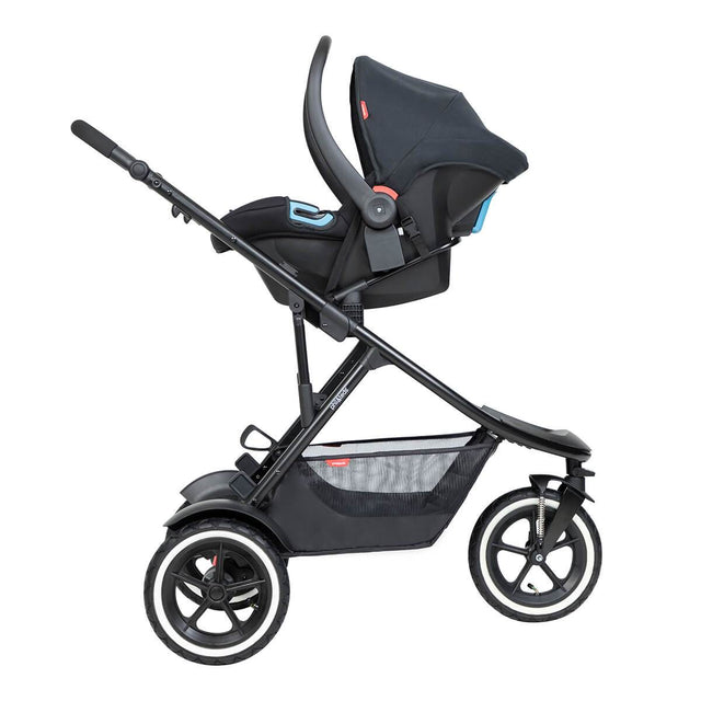 phil&teds sport verso con alpha infant car seat  y universal car seat adaptador vista lateral