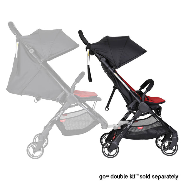 go buggy showing additonal accessory of a double kit with rear seat in lie flat newborn mode