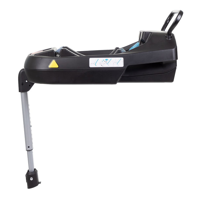 phil&teds universal car seat  base illustrée sur le côté avec un pied de serrage à réglage facile et une barre de stabilité arrière_noir