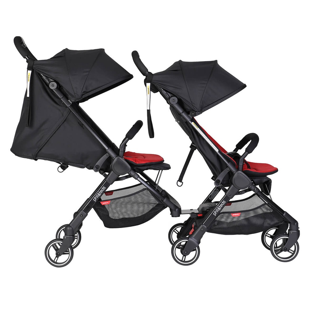 side shot of double kit for go shown in position connected to additional go buggy with rear seat in recline lie flat position